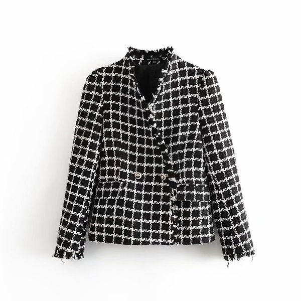 

high street simple style lady black and white plaid woolen suit jacket 2019 fashion new women's stand-up collar slim high-end