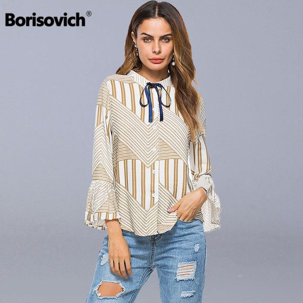 

borisovich female cotton line elegant shirt new brand 2019 spring fashion striped flare sleeve women casual blouses shirts n569, White