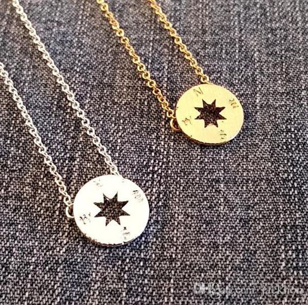 

5pcs gold silver small compass necklaces pendant charm for women men south direction necklace disc circle disk necklaces coin jewelry