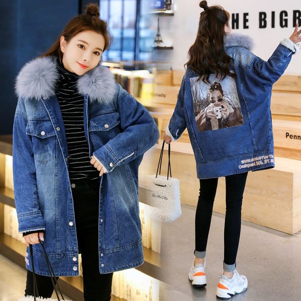 

cowboy cotton-padded clothes women's 2019 winter new style korean-style loose-fit slimming short-brushed and thick fur collar ho, Blue;black