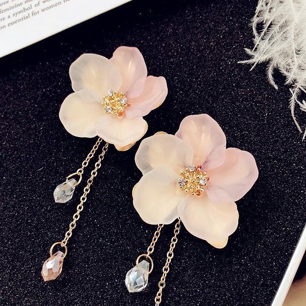 

drop earrings for women jewelry sweet acrylic shell tassel earrings temperament frosted petal crystal flower long pendant earrings, Golden