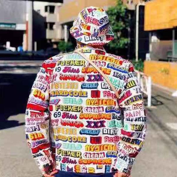 

19ss full of coloured letters doodling jackets print zipper lapel neck men women casual street hip hop coat spring autumn outwear hfhljk012, Black;brown