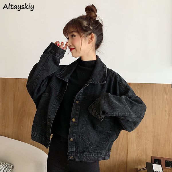

jackets women denim short loose single breasted button pockets korean style chic retro harajuku ulzzang casual streetwear womens, Black;brown