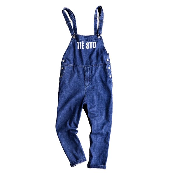 

sokotoo men's letters printed dark blue denim jean bib overalls loose suspenders jumpsuits jeans