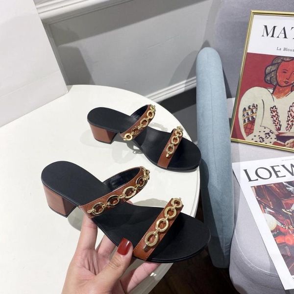 

new summer shoes women leisure women slippers metal chain cow leather slippers kitten heels shoes, Black