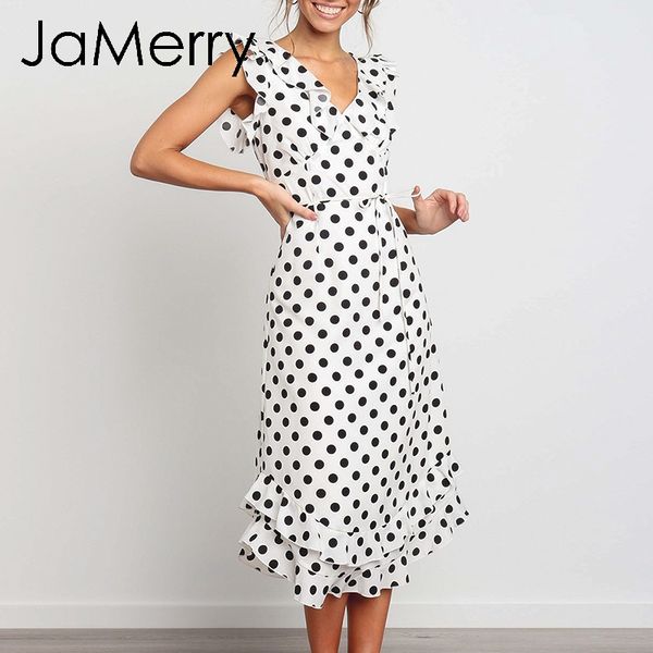 

jamerry vintage polka dot print women dress elegant ruffled lace up female midi dress summer holiday sleeveless dresses 2019, Black;gray