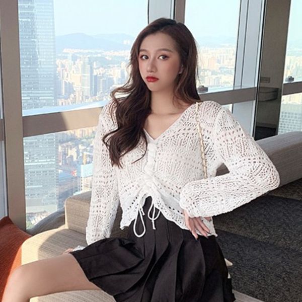 

thin pullovers white spring autumn sweet long sleeve women's clothing sweaters new v-neck hollow out knitted women crop top, White;black