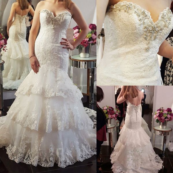 

charming plus size wedding dresses mermaid sweetheart sweep train lace bride gowns with crystals appliques bridal gowns, White