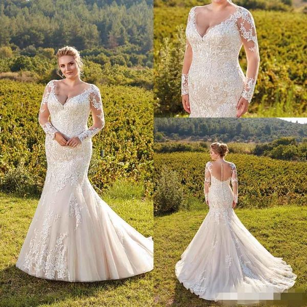 2019 plus size sereia vestidos de casamento mangas compridas lace applique v pescoço varrer trem casamento vestido de baile feito sob encomenda feito