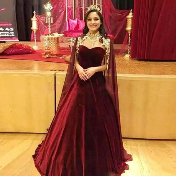 

burgundy velvet evening formal dresses with long cape 2020 luxury gold lace detail arabic kaftan middle east prom gowns, Black;red