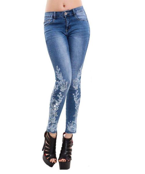 

wipalo autumn spring women plus size high waist skinny embroidered jeans causal ladies denim trouser ladies streetwear silm jean, Blue