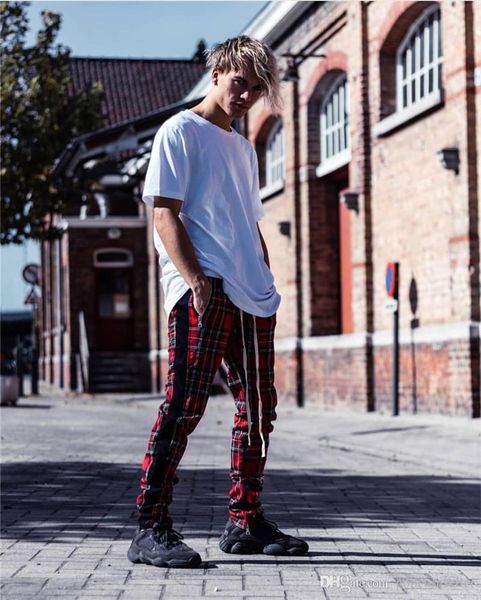 

teisure trouser leg zipper mens designer pants fashion check print slim multi pockets drawstring homme pants mens hip hop pants, Black