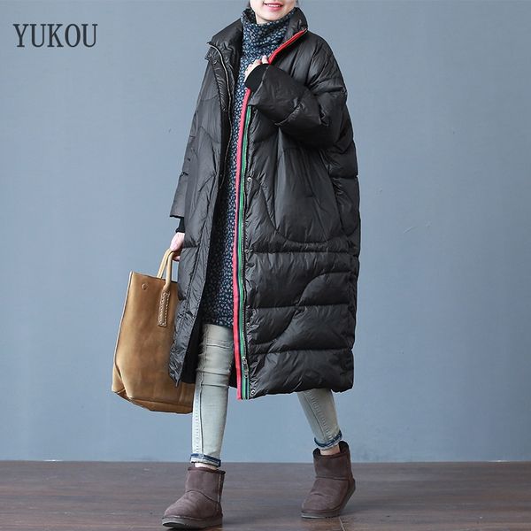 

women duck down coat 2019 fashion long female white duck down jaket loose jacket, Black
