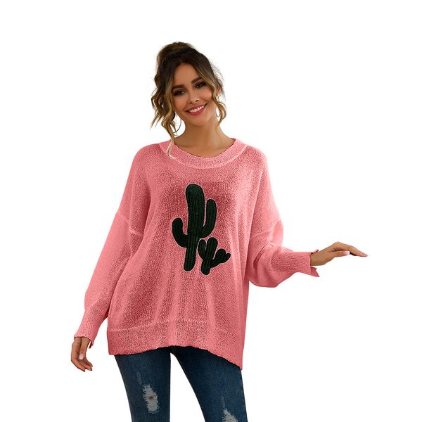 

knitted autumn winter breathable women sweater warm loose woolen yarn cactus pattern easy wear crew neck gift casual long sleeve, White;black