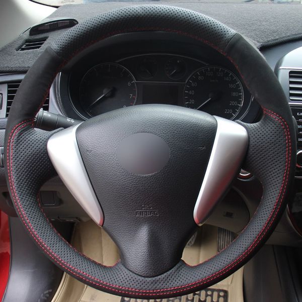 Black Natural Leather Black Suede Car Steering Wheel Cover For Nissan Tiida Sylphy Sentra Versa Note 2014 2017 Thin Steering Wheel Covers Tie Dye