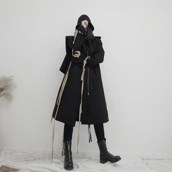 

women ribbon long big size trench new lapel long sleeve loose fit windbreaker fashion tide utumn winter 2020 19-a690, Tan;black