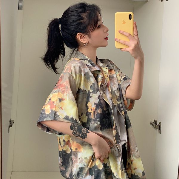 

woherb harajuku short sleeve shirts tie dye casual loose blouse vintage fashion korean style blusas mujer 2020 summer new, White