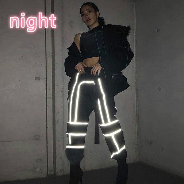 

19designer women's reflective pants explosion models casual spring new women's reflective patchwork casual cargo pants khaki gray, Black;white