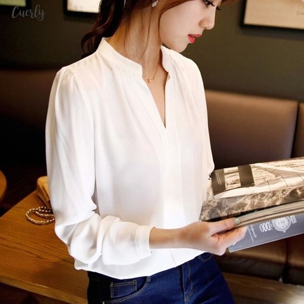 

spring autumn white blouses office shirts women v neck long sleeve chiffon blouse female ladies work wear 3 colors
