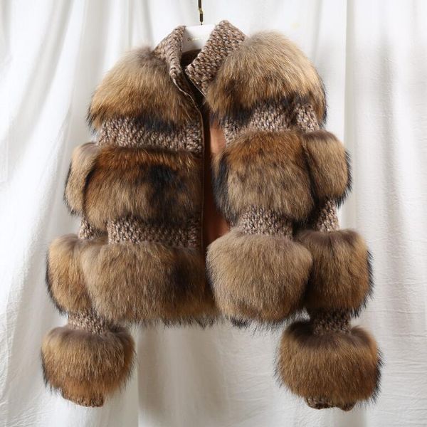 

women's coat real fur jacket woman natural fur coat for women winter genuine raccoon overcoat, Black