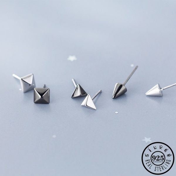 

925 sterling silver small geometric square triangle cone shape black color ear studs earrings kpop fine jewelry for women girls, Golden;silver