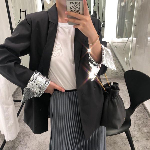

heydress autumn vintage appliques sequin notched casual fresh female office lady long sleeve solid blazers, White;black