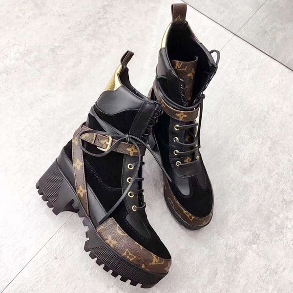 

New boot genuine leather woman hort boot flat thicken low heeled chunky women hoe ca ual laureate platform de ert boot botte femme, Black