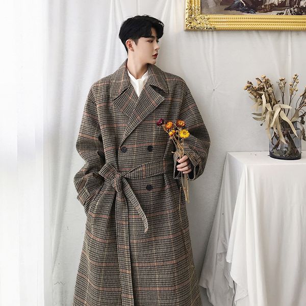 

2019 new retro lattice double-row button long section loose woolen jackets for men casual lapel collar wool coats stage costumes, Black