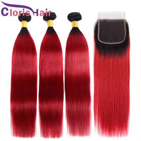 Dark Roots Red Ombre Human Hair 3 Bundles Raw Virgin Indian Straight Hair Weaves With Lace Closure Colored 1b Red Ombre Hair Extensions Wholesale Hair