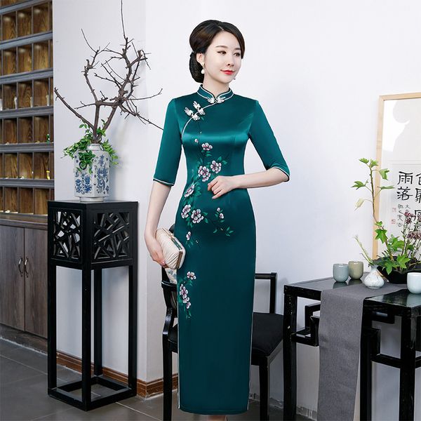 

ethnic clothing 2021 summer silk cheongsam girl large size gown chinese traditional women qipao green embroidery dress, Red