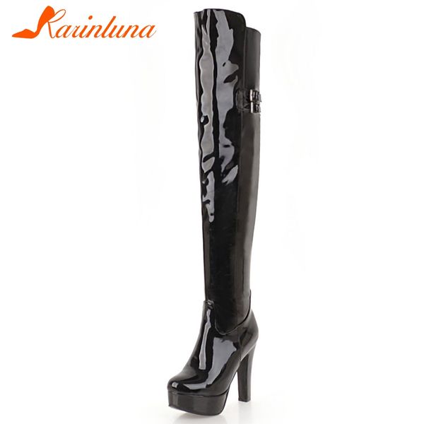 

karin 32-48 fashion patent pu thigh high boots women lady party over the knee knight boots high heels platform shoes woman, Black