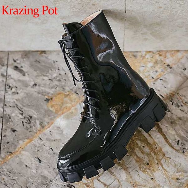 

krazing pot natural genuine leather round toe med heels mid-calf boots lace up keep warm cowboy western boots l40, Black