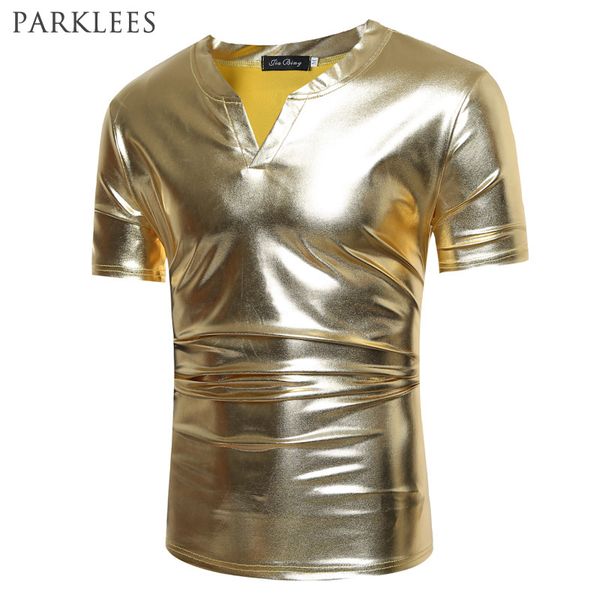 

shiny gold coated metallic t shirt men 2020 caual v neck men t-shirt night club t shirts slim hip hop tee shirt homme 2xl, White;black