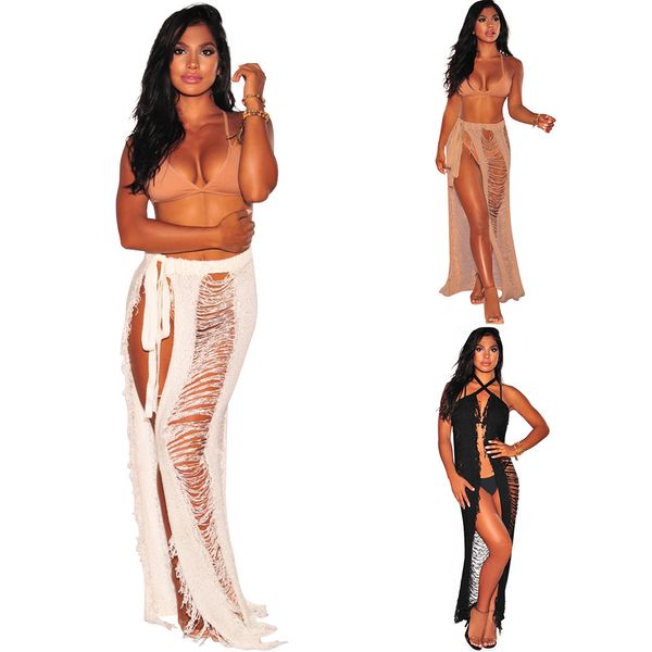 

european and american new women's swimwear smock skirt hand hook tassel hollow knit strap skirt, White;black