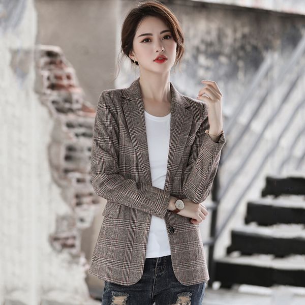 

autumn spring slim women blazer 2020 casual suit jacket single breasted korean style outwear chaquetas mujer print plaid, White;black