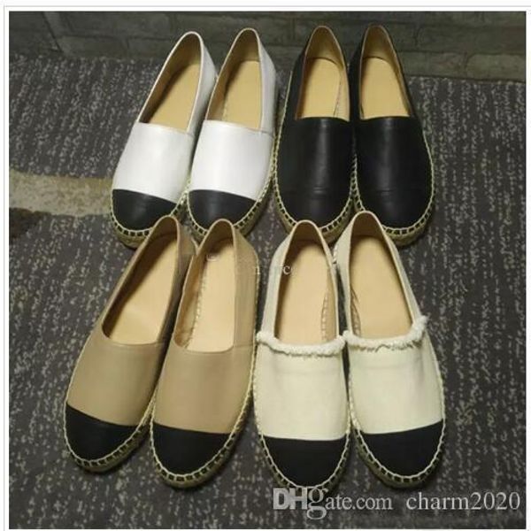 

Pop 2019 New Hot SaDesigner Women Leather Canvas Espadrilles Top Quality Real Lambskin Women Flat Shoes Pearl Espadrilles Size Come With Box