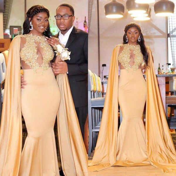 

modest mermaid prom dresses with cape lace applique jewel illusion bodice beaded sweep train custom made african girl evening formal gowns, Black