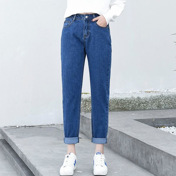 

high waist jeans women 5xl black boyfriend trousers womens streetwear straight stylish leisure ankle-length, Blue