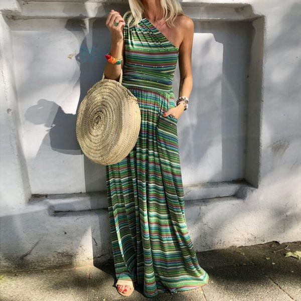 

summer striped dresses for womens fashion boho beach loose sleeveless dress ladies off shoulder daily holiday floor-length dress, Black;gray