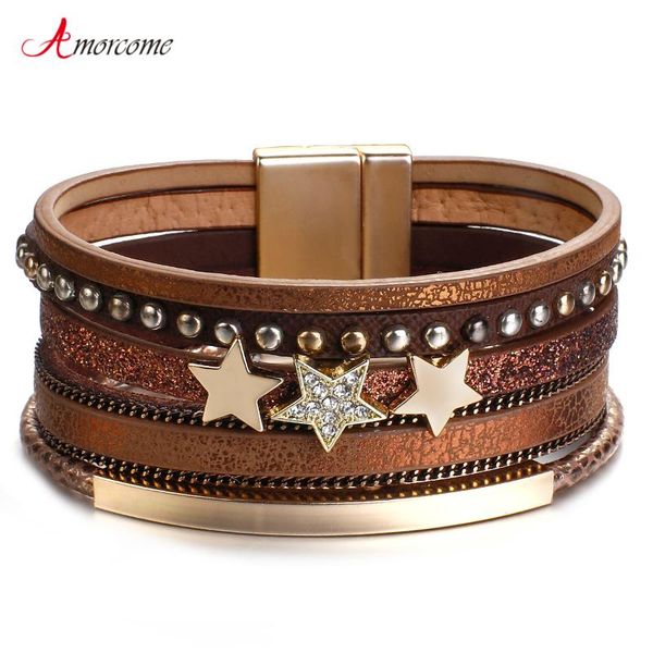 

amorcome кожа wrap бѬале дл женин мод boho многолойного punk rivet rhinestone звезд аѬм бѬ, Golden;silver