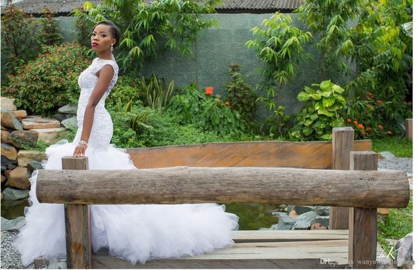 

2019 nigerian mermaid wedding dresses beaded sheer neck sequins shiny tiered ruffles tulle plus size new african arabic bridal gowns, White