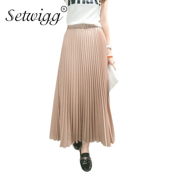 

setwigg 90cm long chiffon accordion pleated skirts elastic waist belt casual candy maxi long bohemian summer skirts sg03, Black