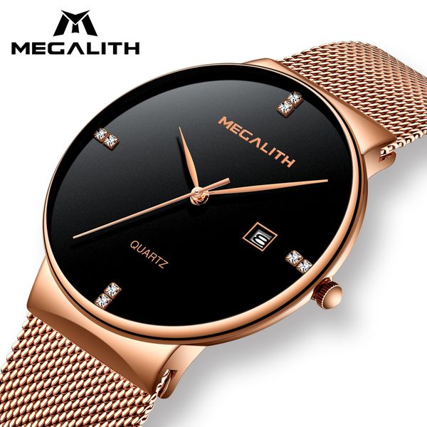 

megalith men's simple design watches waterproof business sport quartz wrist watch ultra thin dial date steel mesh clock reloj, Slivery;brown