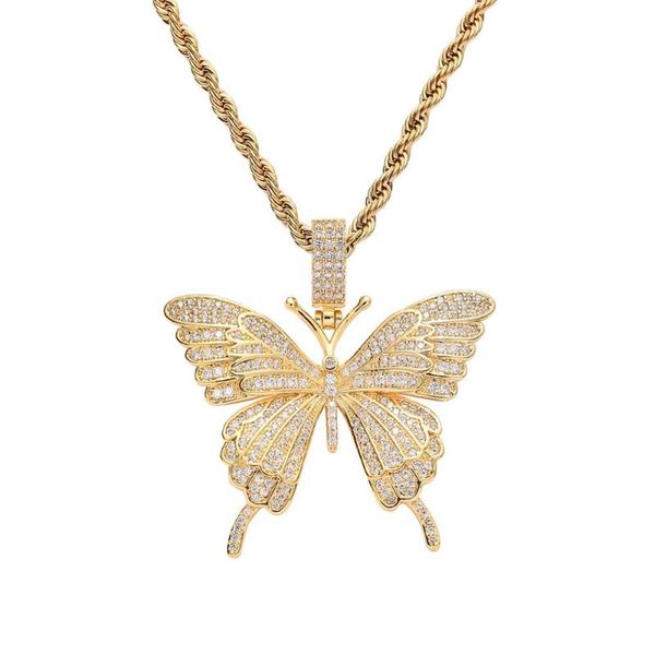 

animal butterfly necklace & pendant iced out tennis chain gold color cubic zircon men's women hip hop rock jewelry, Silver