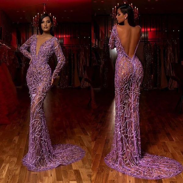 2020 Abiti da sera sexy a sirena viola con scollo a V profondo in tulle con abito da ballo scintillante Abiti da festa con applique senza schienale