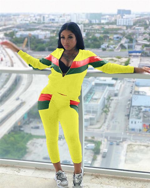 

womens striped printed 2pcs sets fashion panelled long sleeve suit ladies sports tracksuits, White