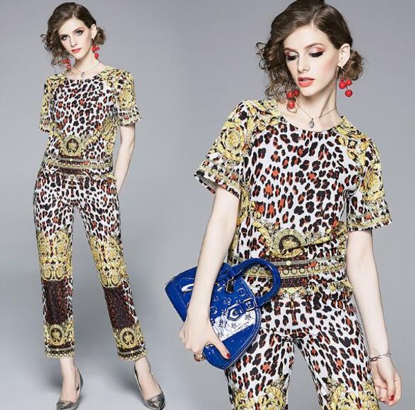 

summer casual retro leopard print round neck short sleeve + waistband slim pants two piece suit, White