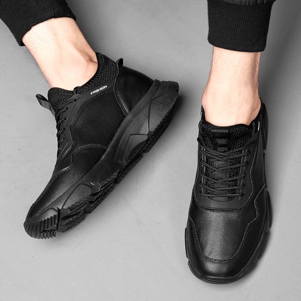 

men's vulcanize shoes increase within black breathable casual sports male sneakers leather trainers -up flat shoes plus 37-44 *