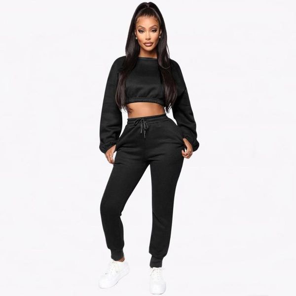 

2020 casual women suit two piece set crop short sweater + long pants tracksuit women solid color jogging femme solid 3 color, White