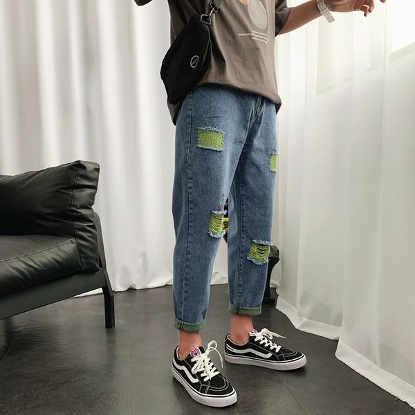 

men's jeans summer european and american style ripped pants ruffian handsome street loose hip-hop beggar nine-point, Blue